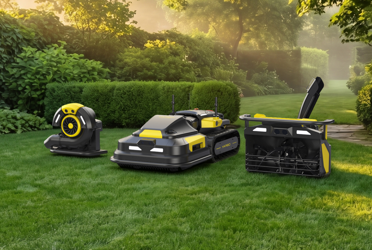 Three black and yellow robotic garden tools on a lush green lawn, with trees and sunlight in the background.