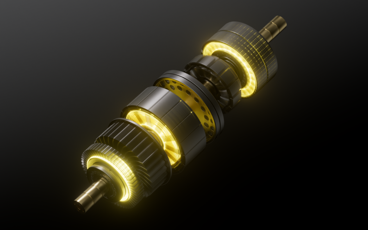 Futuristic metallic gear assembly with glowing yellow rings, dark background, diagonal composition.