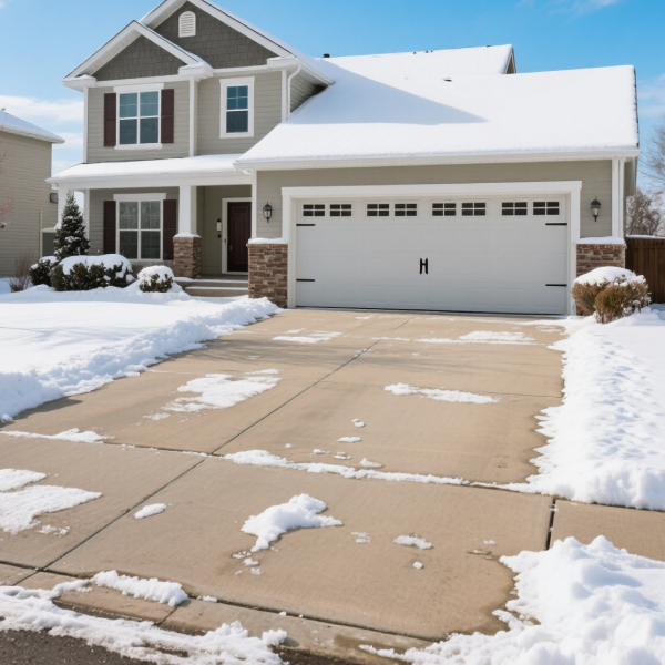 Two-story beige house with white garage door and snow-covered driveway under clear blue sky.