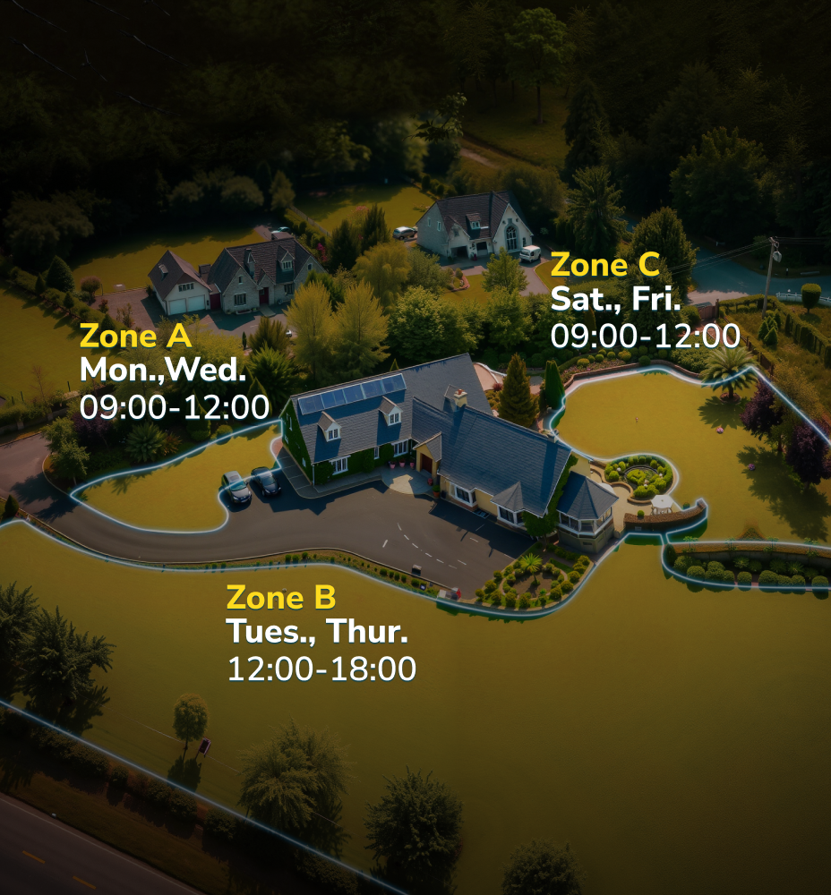 Aerial view of suburban homes divided into three zones with scheduled times: Zone A (Mon, Wed 9–12), Zone B (Tue, Thu 12–6), Zone C (Sat, Fri 9–12).