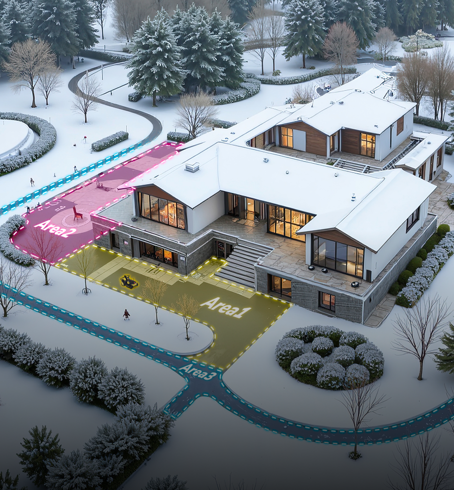 Snow-covered modern house with labeled zones: Area1 (yellow), Area2 (pink), Area3 (blue), surrounded by trees and pathways.