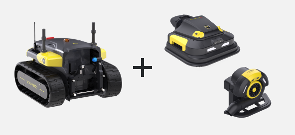 Black and yellow remote-controlled robot with tank treads, plus two matching attachments, on white background.