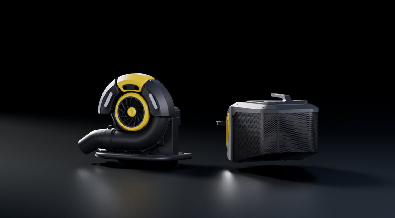 Black and yellow leaf blower and dust collector on dark surface, modern design, studio lighting.