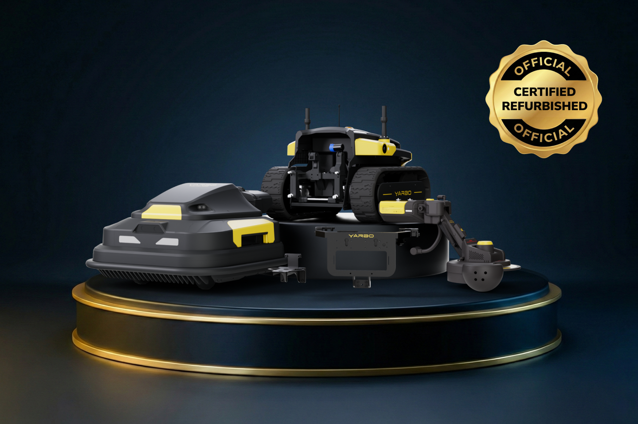 Black and yellow YARBO robotic lawnmowers on a dark blue pedestal with gold trim, featuring an "Official Certified Refurbished" seal in the upper right corner.
