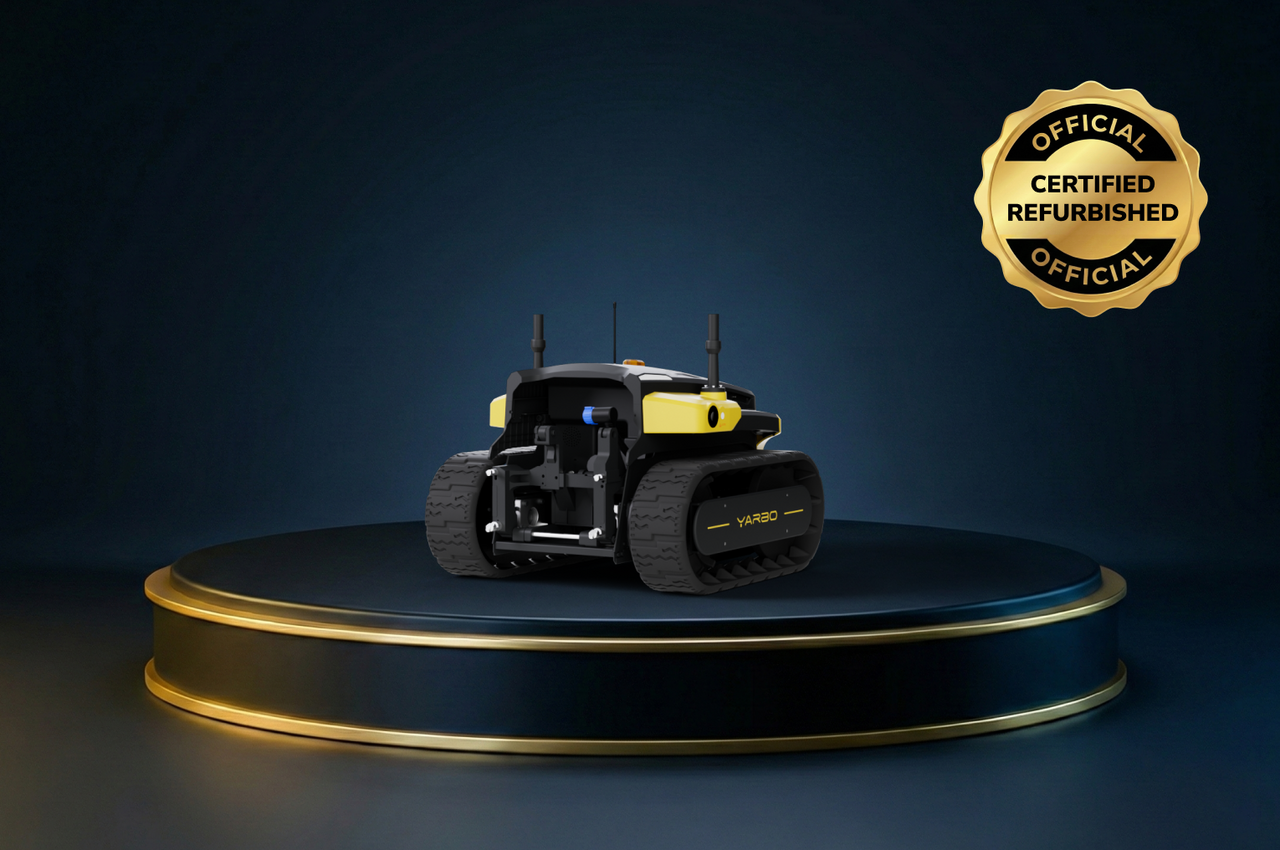 Black and yellow YARBO robot on dark blue pedestal with gold trim, official certified refurbished badge in top right.