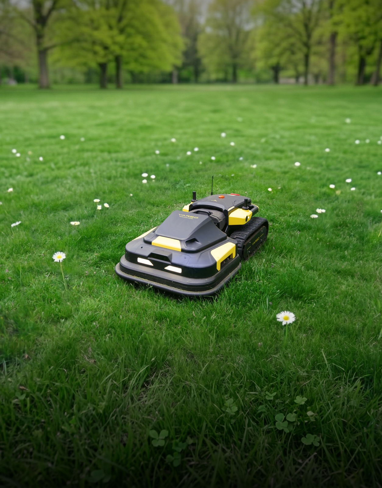 Black and yellow robotic lawn mower on lush green grass with white daisies and trees in background.