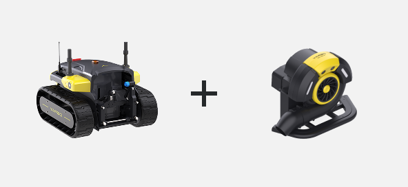 Black and yellow tracked robot with antennas on left, plus sign, yellow and black circular device on right, white background.