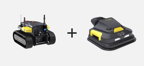 Black and yellow tracked robot with antennas on left, plus sign, and black and yellow square robot on right, clean white background.