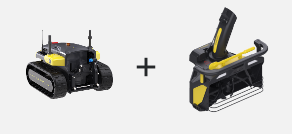 Black and yellow tracked robot with antennas plus handheld scanner with yellow accents, side-by-side on white background.