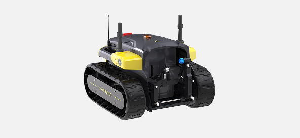 Black and yellow tracked robot with antennas, blue sensor, and "YARD" branding on side, isolated on white background.
