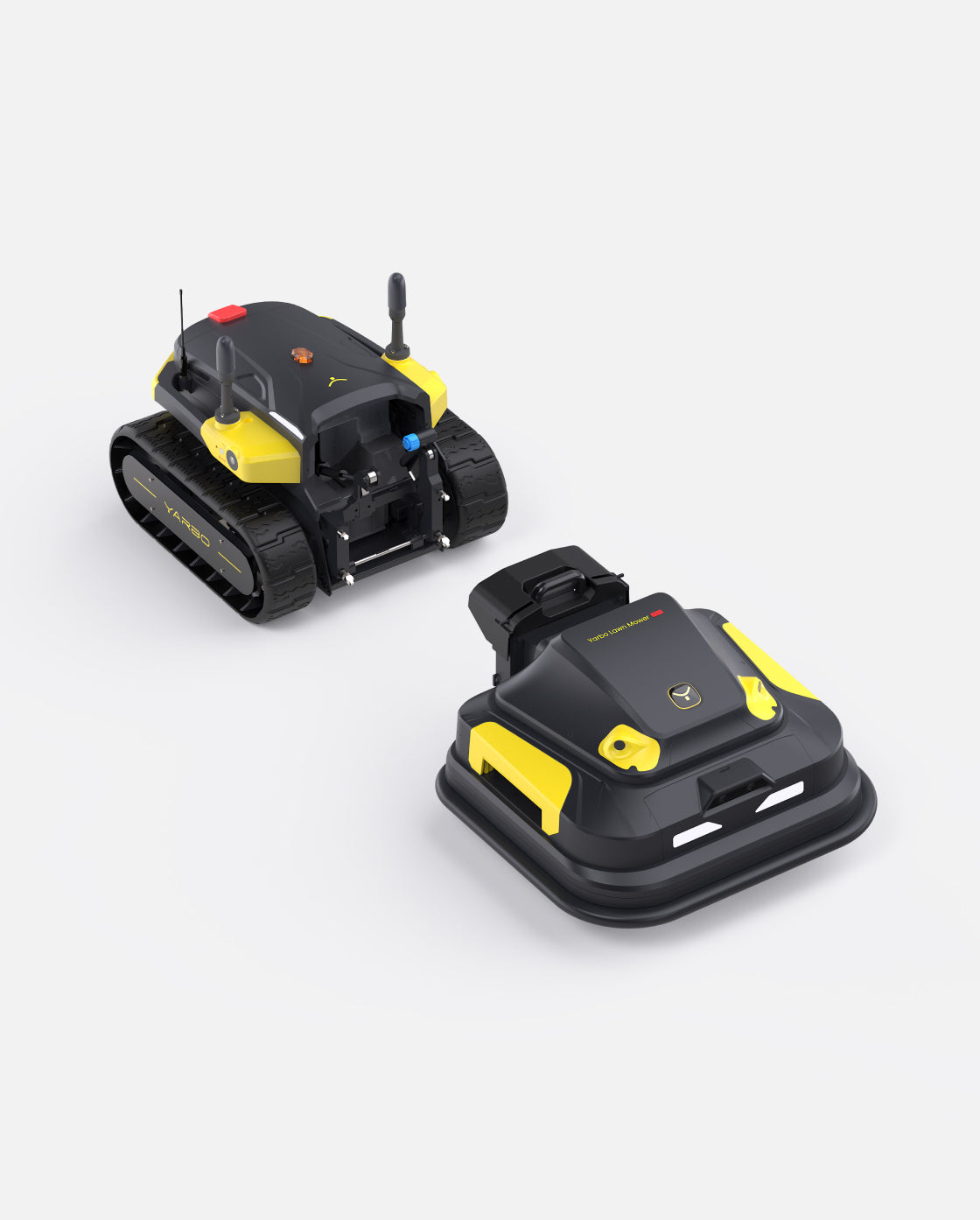 Black and yellow robotic lawn mower by Yarbo, featuring tank treads and compact design, shown from angled top views.