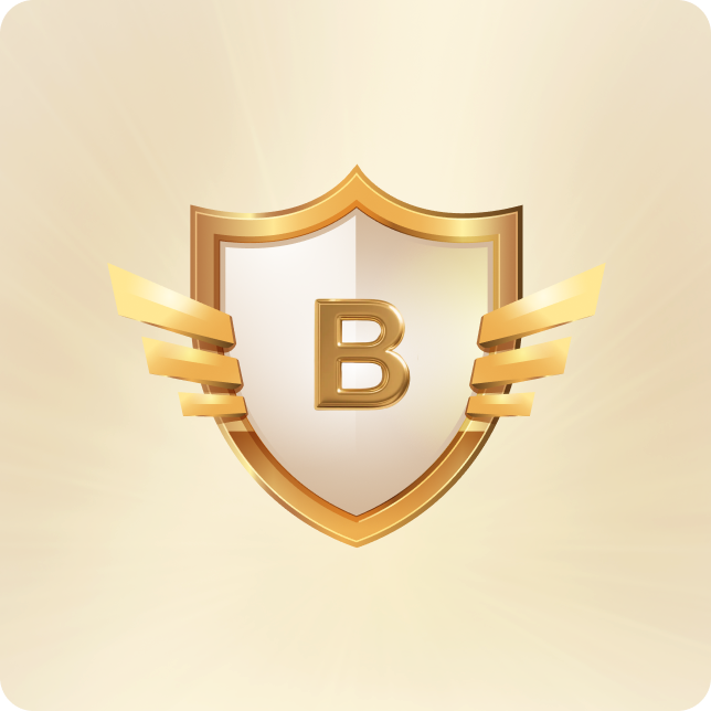 Golden shield with bold letter B, flanked by wing-like ribbons, on soft beige background.
