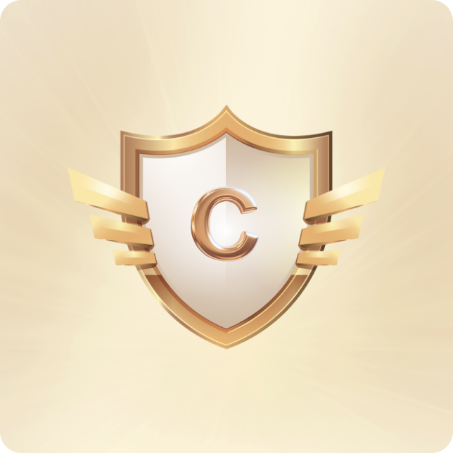 Golden shield with white center and bold letter "C", flanked by wing-like ribbons, on a soft beige background.