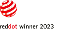 Red and white striped sphere logo with "reddot winner 2023" text below, clean white background.