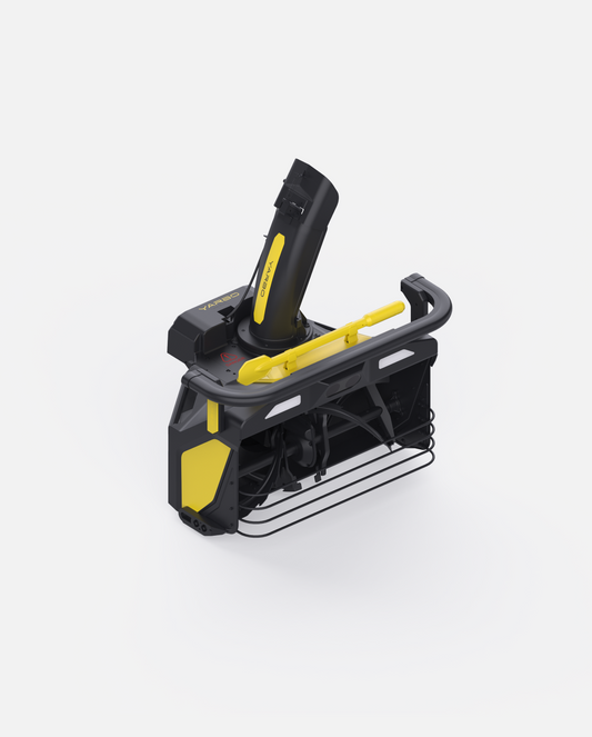 Black and yellow snow blower module with protective cage and adjustable chute, by YARBO, shown in angled studio view