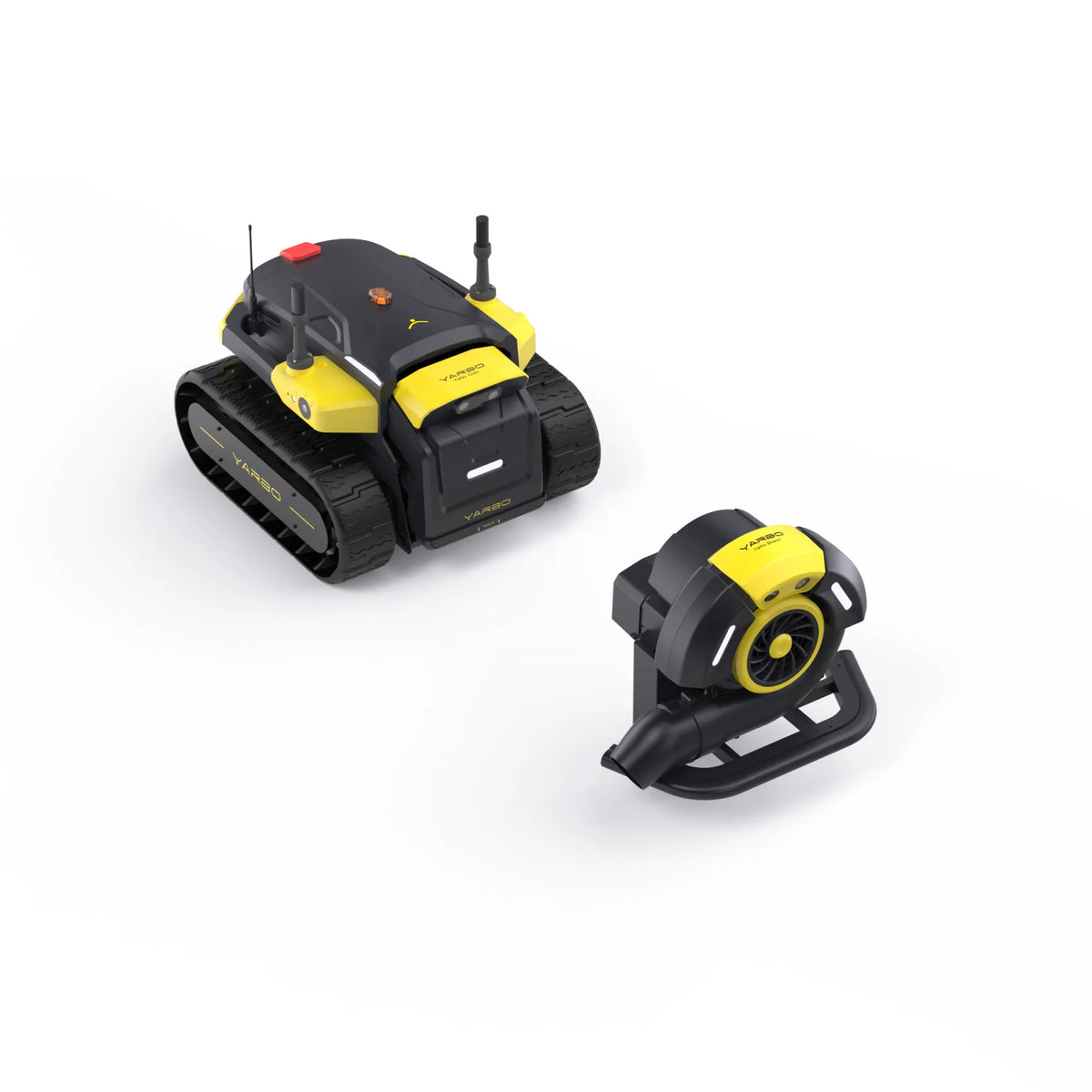 Black and yellow robotic lawn blower by Yarbo with tracked base and detachable blower unit, shown in studio view