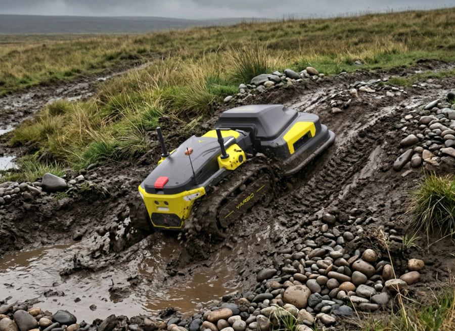 Yellow and black tracked robot labeled "VARBO" navigating muddy, rocky terrain in a grassy field under overcast sky.