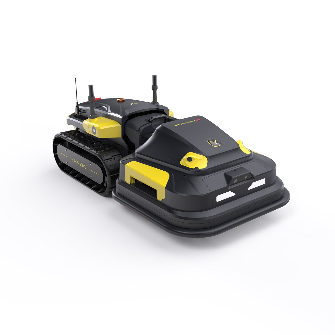 Black and yellow robotic lawn mower with tank treads, antennas, and "YARBO" branding on a white background.