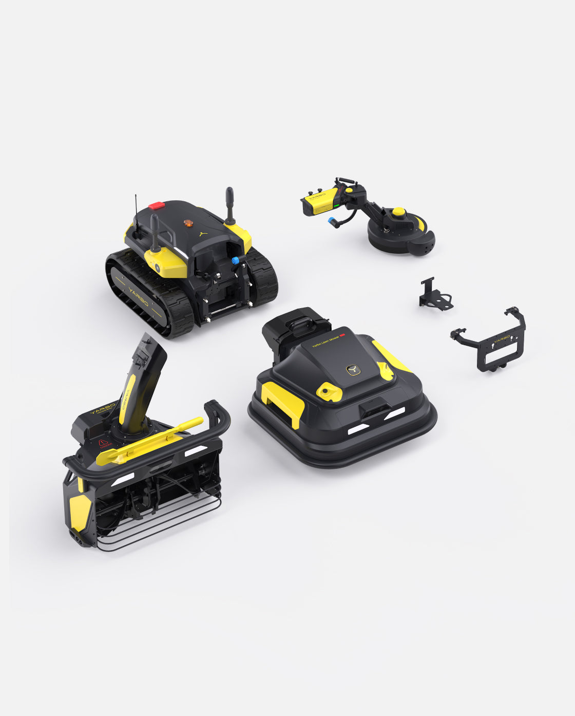Black and yellow robotic lawn mower with snow blower and trimmer attachments by Yarbo, shown in product layout view