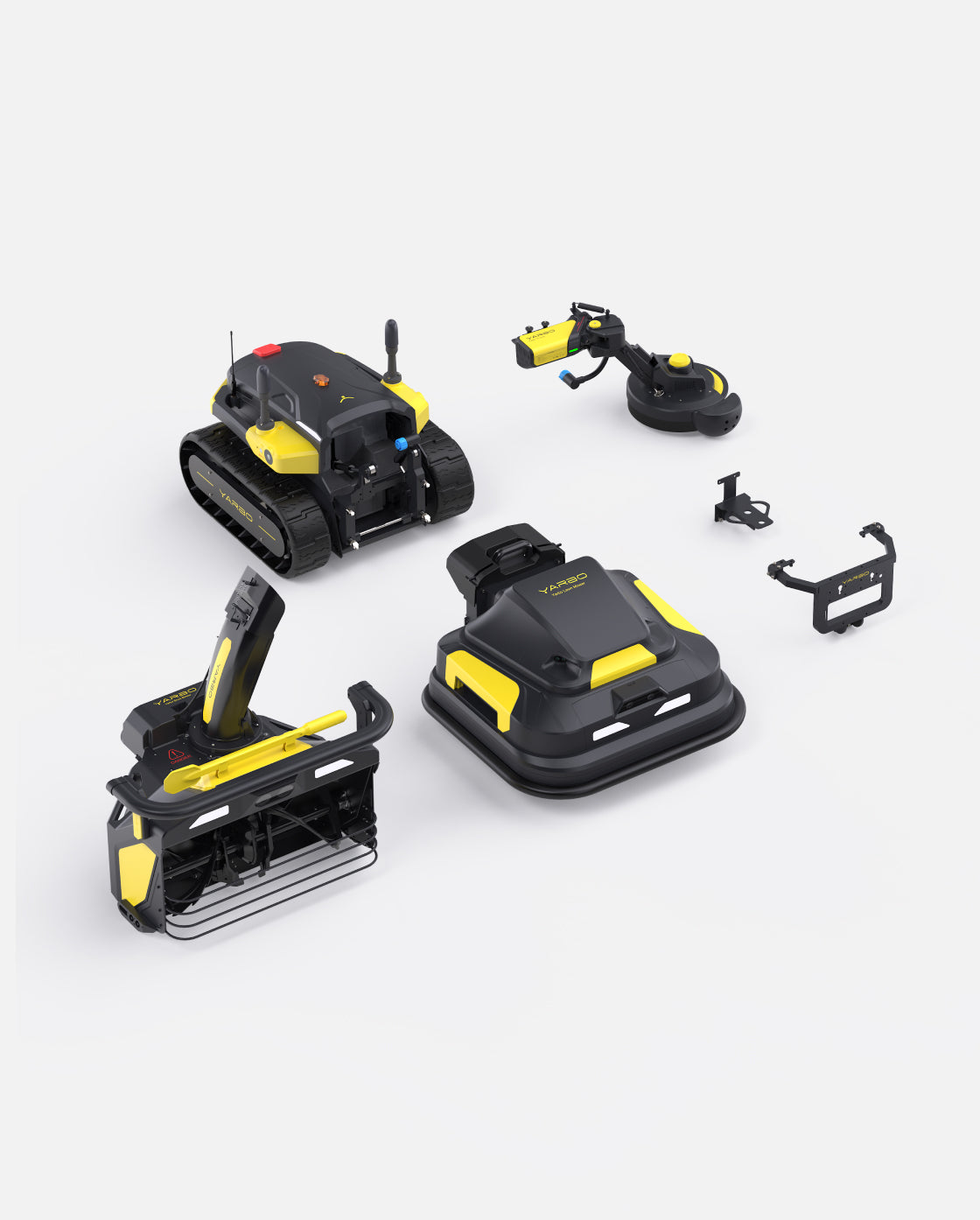 Black and yellow robotic lawn mower, snow blower, and trimmer package by Yarbo, shown with attachments and accessories in top-down view.