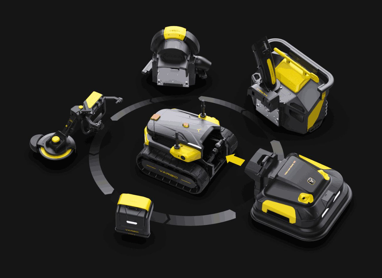 Six yellow and black YARBO robotic tools arranged in a circle around a central tracked robot on a dark background.