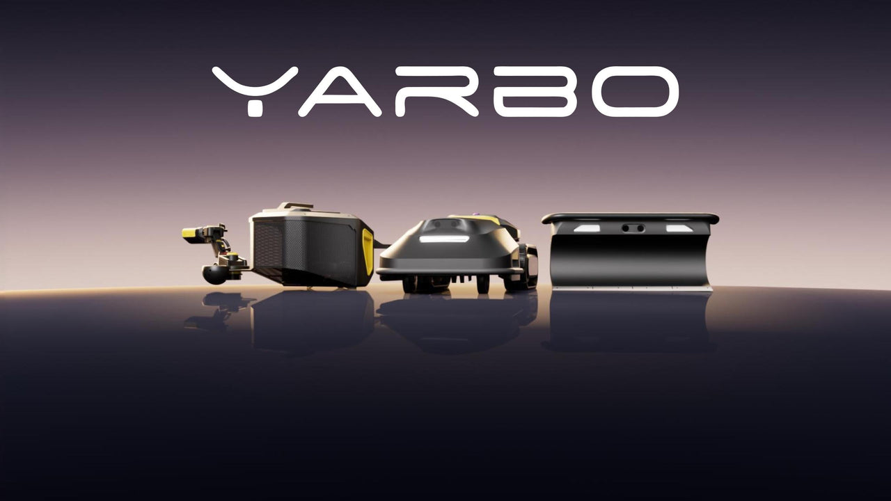 YARBO logo above three black and yellow robotic devices on reflective surface, gradient purple background.