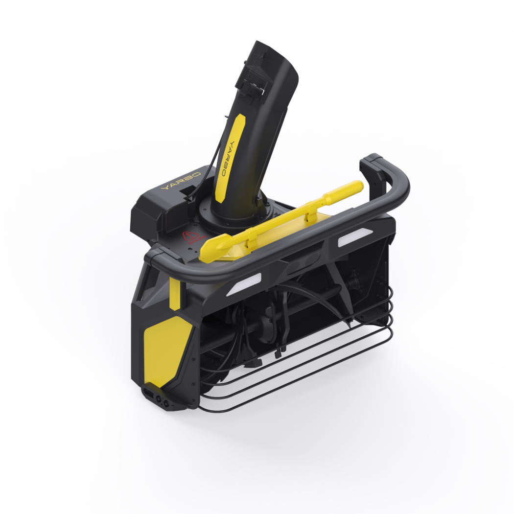 Black and yellow YARBO robotic lawn mower with handle and protective frame, studio shot.