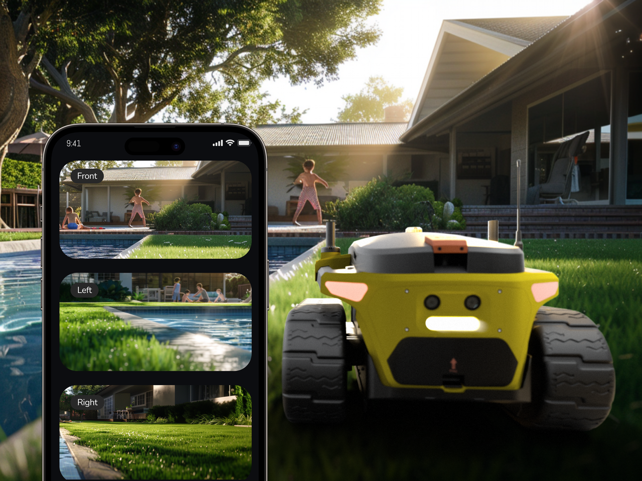Yellow remote control lawn mower mowing a sunny backyard, viewed via smartphone app with live camera feeds, as kids play nearby.