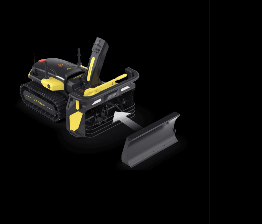Yellow and black Yarbo robot with plow blade attachment, showcasing dual snow and ice clearing capability.
