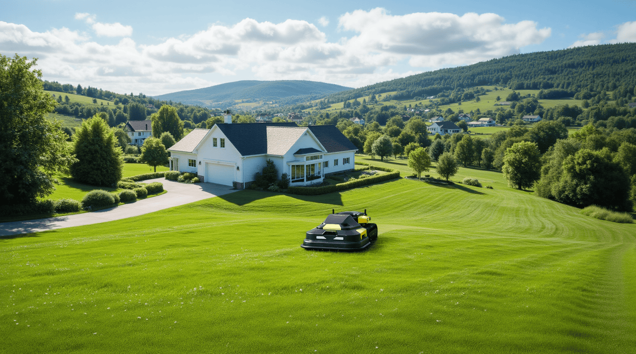 Robot lawn mower on lush green yard near white farmhouse, rolling hills in background, sunny day.