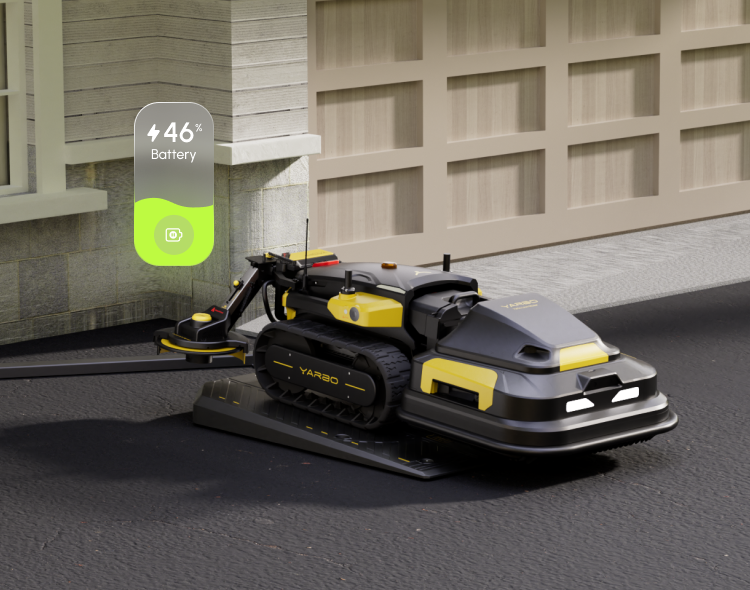 Robotic lawn mower charging at home, battery at 46%, sleek black and yellow design, modern garage backdrop.
