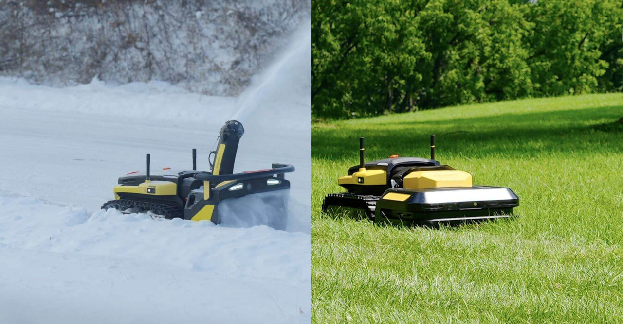 Split image: robotic lawn mower clearing snow on left, mowing vibrant green grass on right, symbolizing spring lawn renewal.
