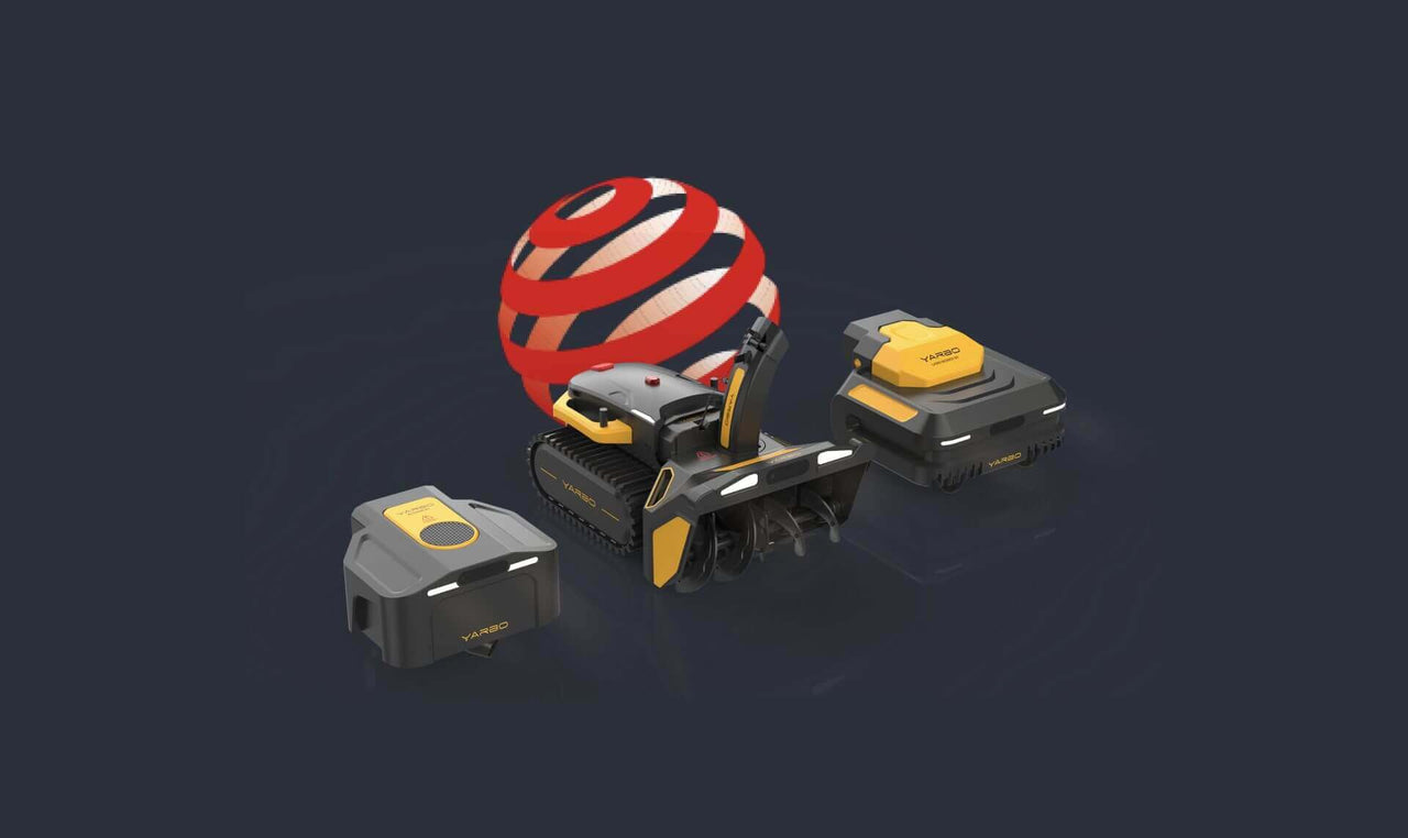 Sleek black and yellow Yarbo 3-in-1 yard robot with attachments, showcased with Red Dot award sphere, highlighting innovative design and functionality.
