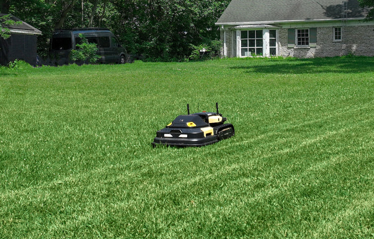 Black and yellow robotic lawn mower gliding across lush green yard near stone home, showcasing smart residential mowing.