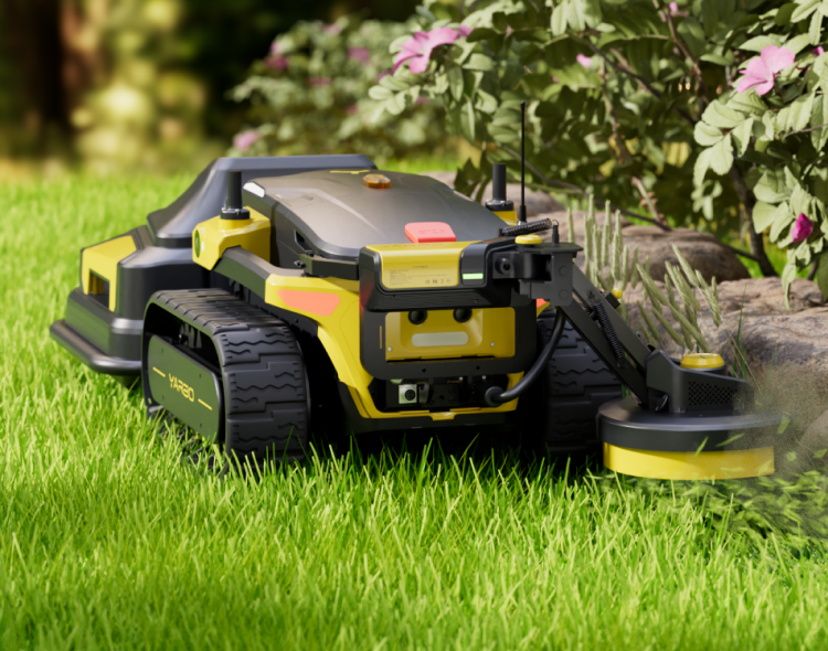 Yellow and black Yarbo robotic edge trimmer gliding through lush green grass beside pink flowers, precision-cutting garden edges with modern tech.