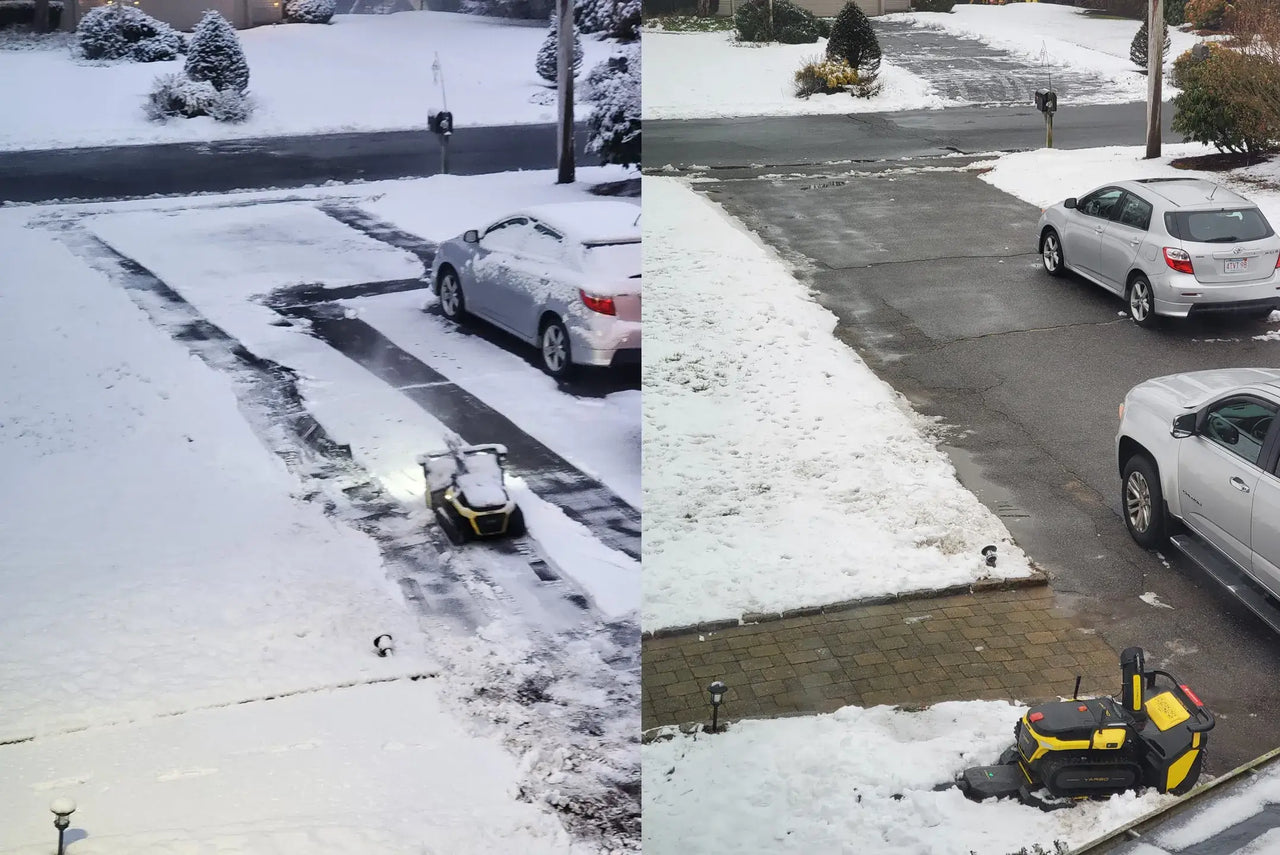 Robotic snow blower clears driveway before and after, showing efficient snow removal for small to medium driveways.