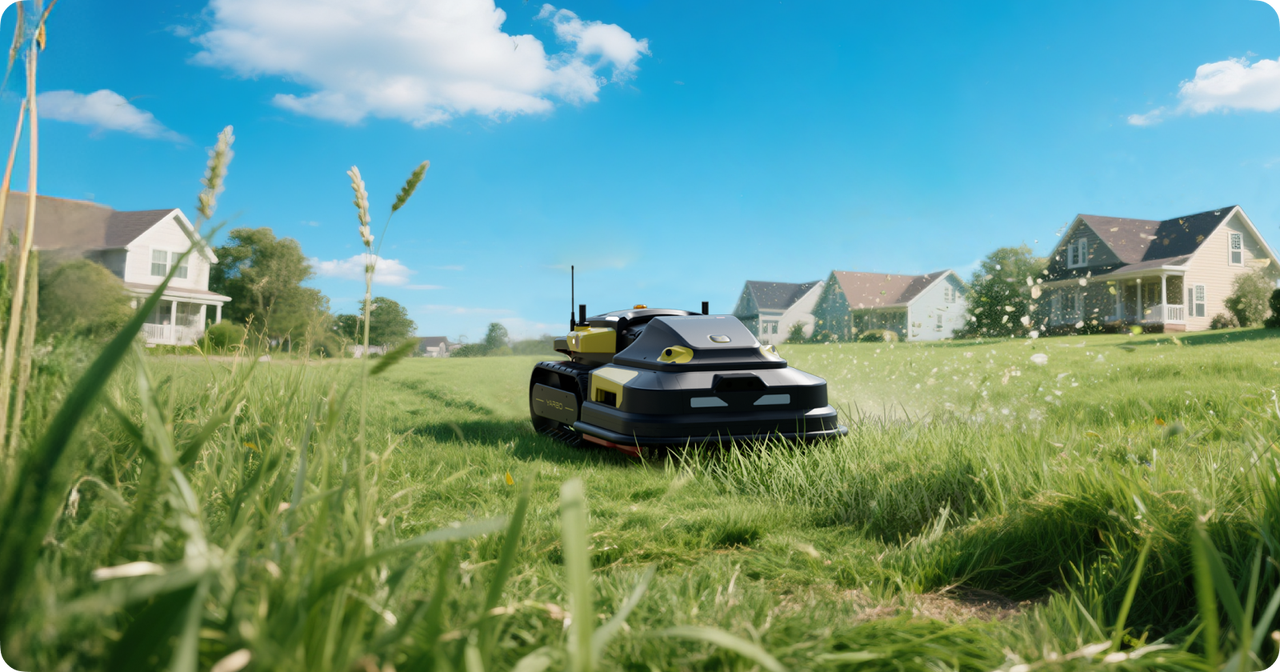 Black and yellow Yarbo robotic mower cuts lush green lawn under bright blue sky, suburban homes in background.