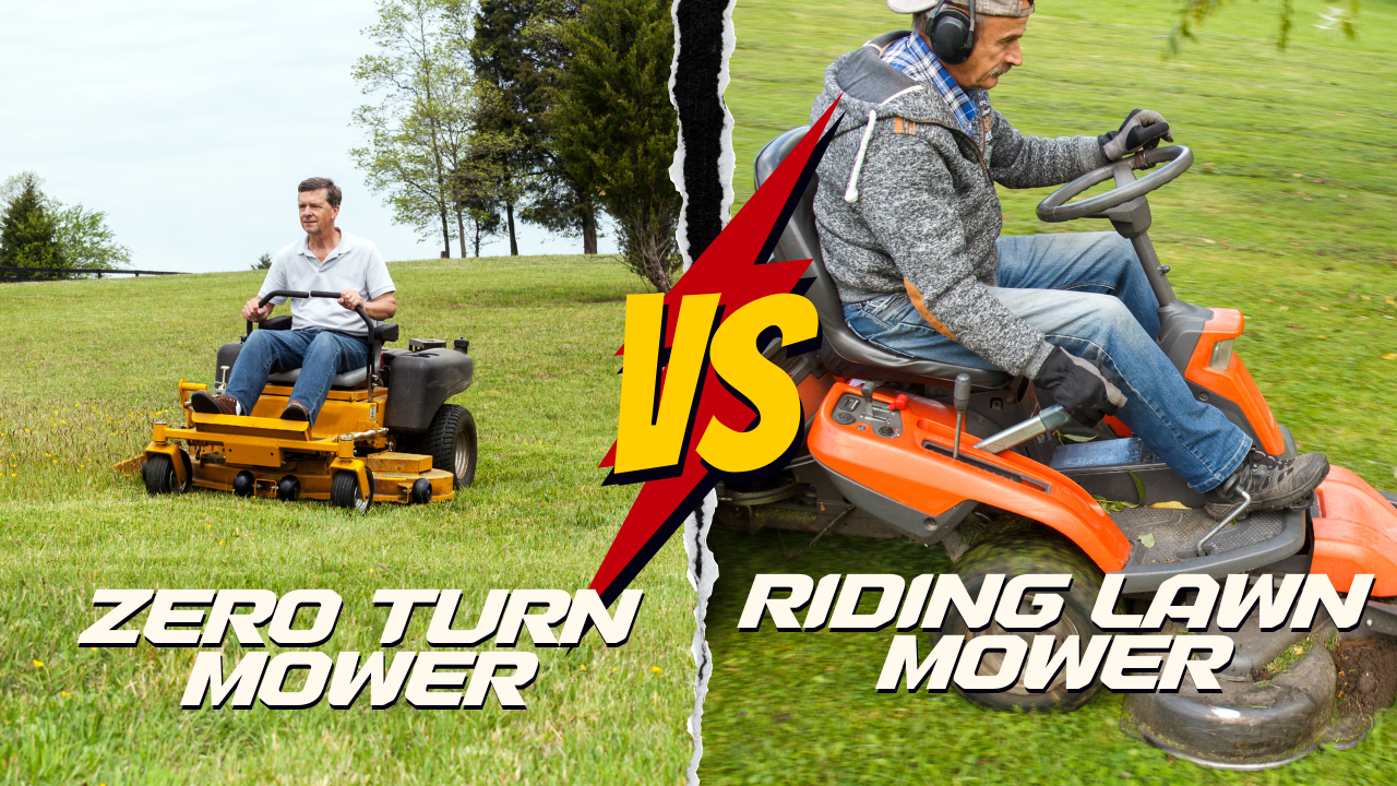 Two men operate zero-turn and riding mowers on lush green lawns, showcasing commercial lawn care options.
