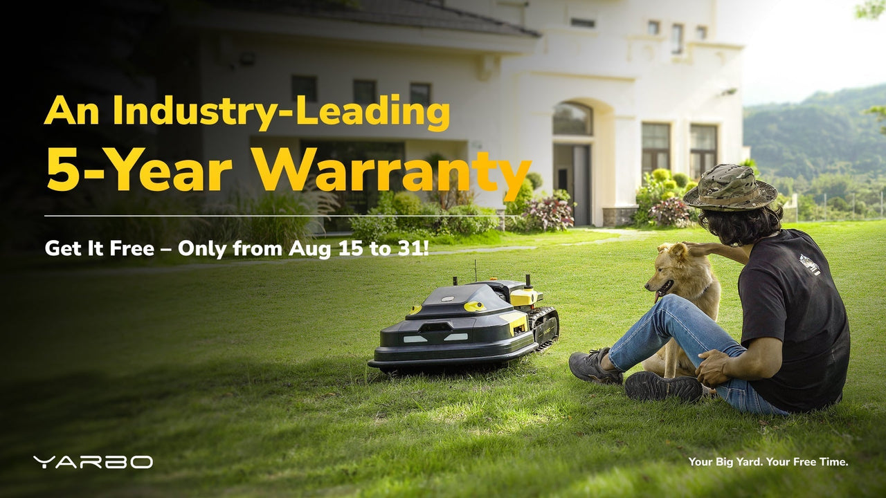 Man relaxing with dog on lush lawn beside Yarbo robot mower, enjoying stress-free yard care.