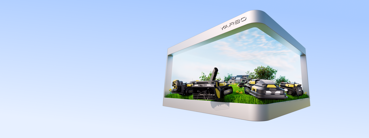 Modern Yarbo robotic lawn mowers showcased in a sleek frame, set on vibrant green grass with a sunny suburban backdrop.