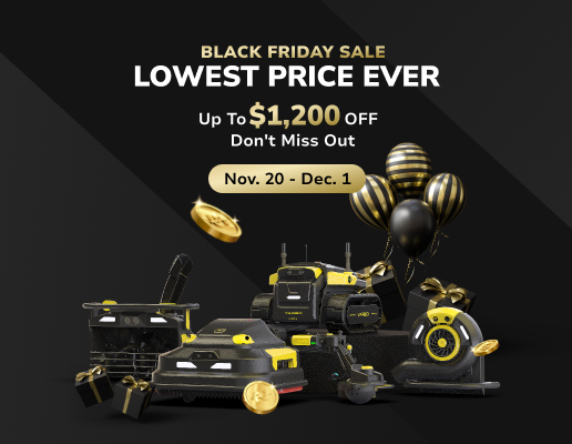 Black Friday snow blowers in bold yellow and black, surrounded by gift boxes and balloons, with "Lowest Price Ever" text and gold coins.