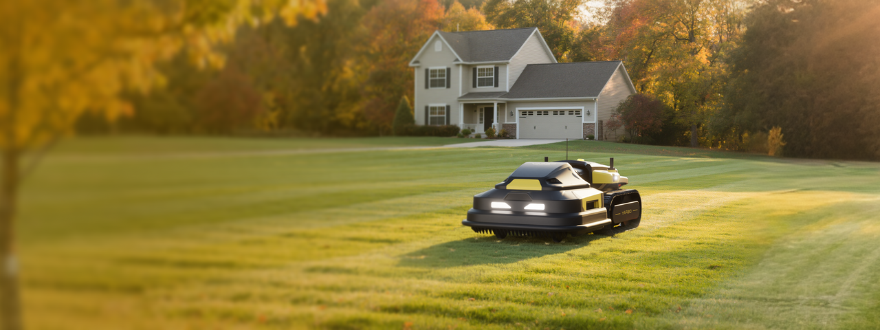Modern robot lawnmower glides across a lush green lawn, trimming grass evenly in front of a cozy suburban home on a sunny autumn day.