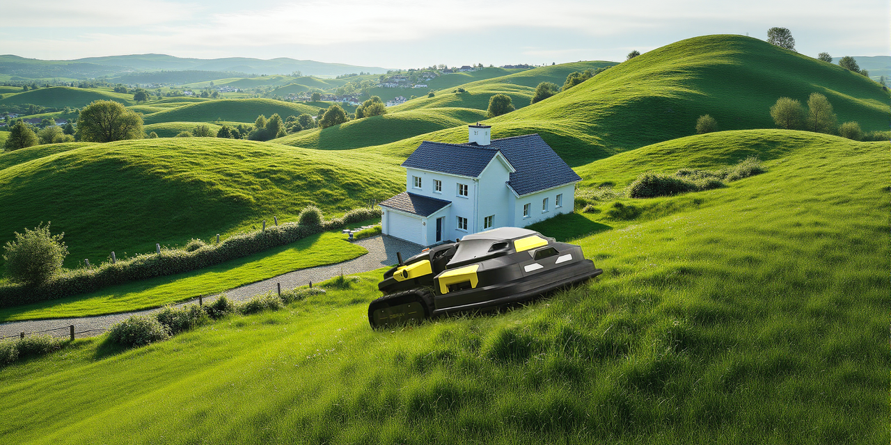 Robotic lawn mower glides across lush green hills near a white farmhouse, showcasing smart yard maintenance.