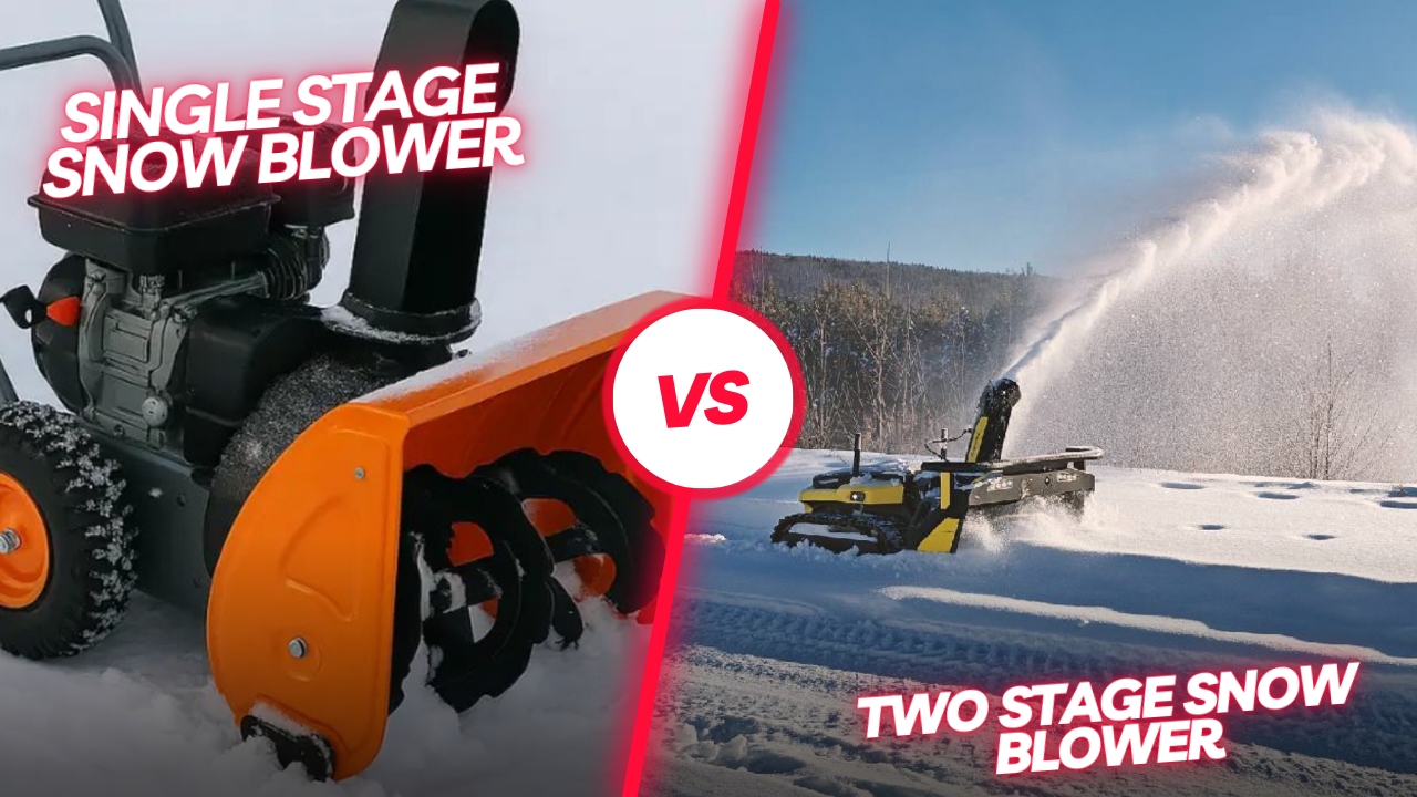 Orange single-stage snow blower vs. yellow two-stage model clearing snow in bright winter landscape.
