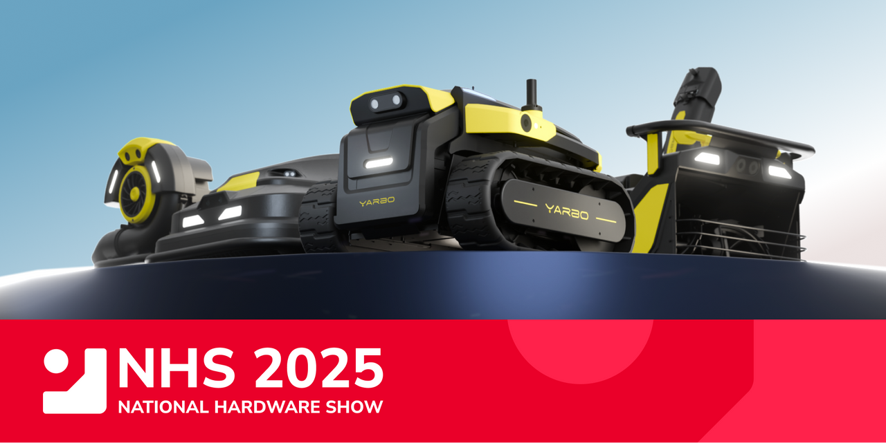 Three sleek Yarbo outdoor robots with black and yellow design, showcased at NHS 2025, embodying innovation and futuristic automation.
