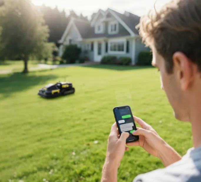 Man controls robotic lawn mower via smartphone app in sunny yard, showcasing smart yard automation.