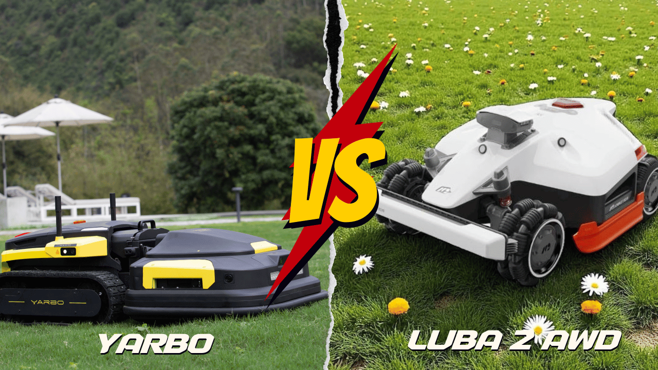 Yarbo robot mower on grassy hillside vs Mammotion LUBA 2 AWD on flower-filled lawn, split by bold "VS" graphic.