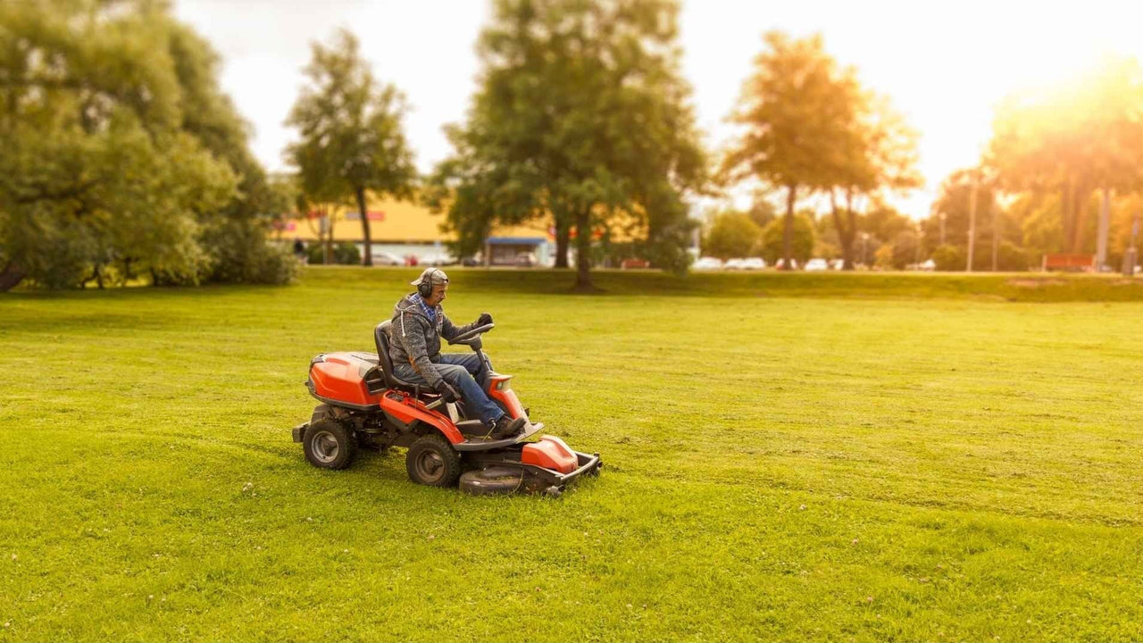 Man operating red riding lawn mower on lush green lawn at golden hour, trees and building in background.