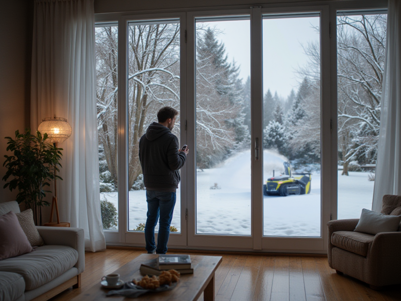 Man controls Yarbo snow-clearing robot from cozy living room, watching it work outside in snowy yard.