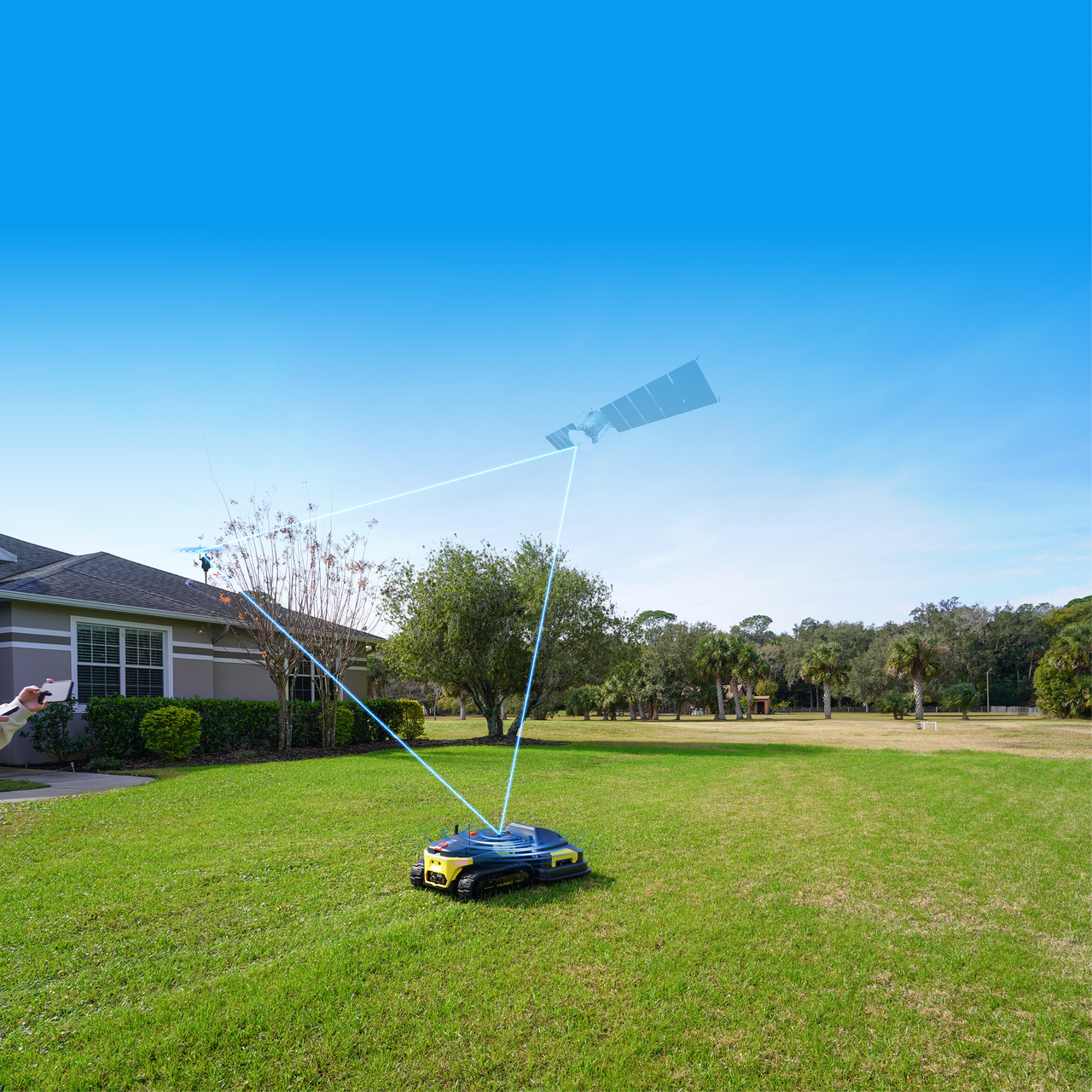 RTK robot mower on lush green lawn, connected to satellite via blue signal lines, showcasing precise GPS-guided mowing technology.